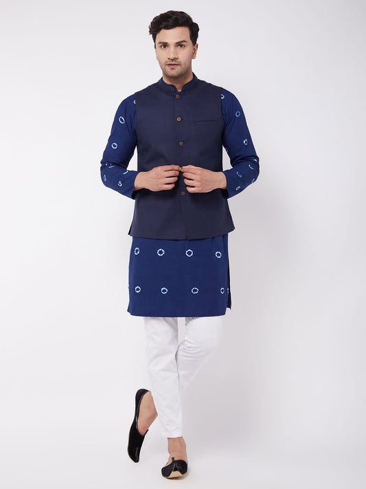 Men's Blue Pure Cotton Straight Jacket  Kurta and Pyjama Set