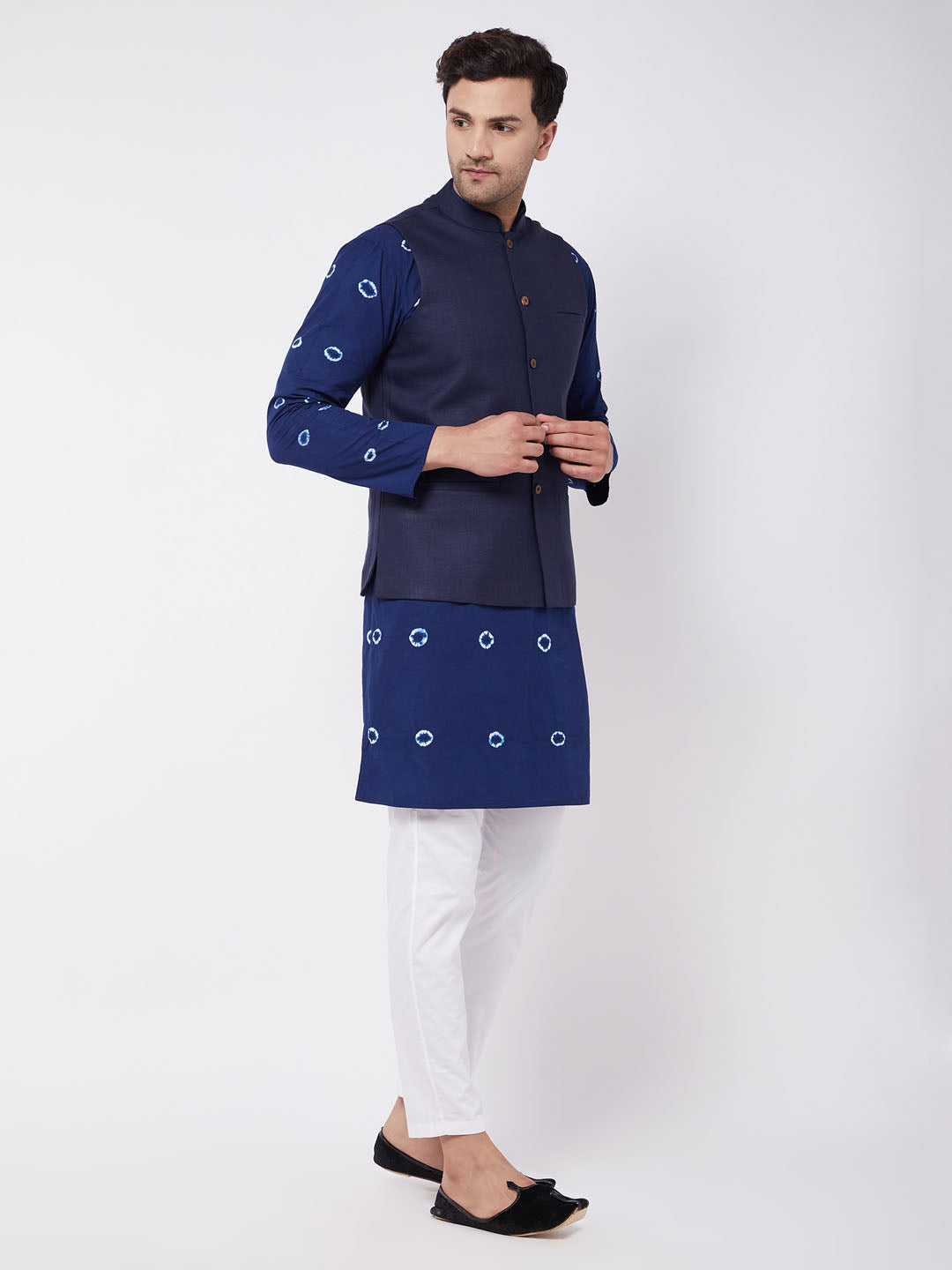 Men's Blue Pure Cotton Straight Jacket  Kurta and Pyjama Set