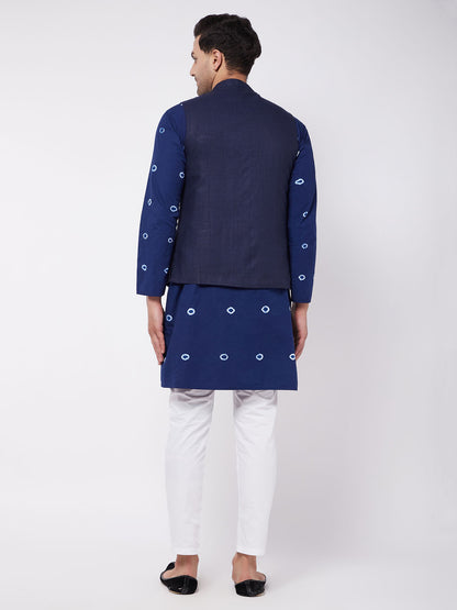 Men's Blue Pure Cotton Straight Jacket  Kurta and Pyjama Set