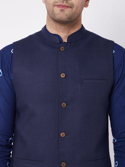 Men's Blue Pure Cotton Straight Jacket  Kurta and Pyjama Set
