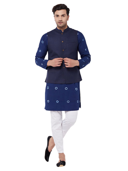 Men's Blue Pure Cotton Straight Jacket  Kurta and Pyjama Set