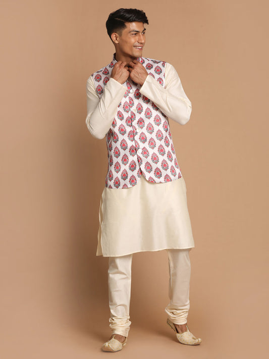 Men's Cream Viscose Straight Jacket  Kurta and Pyjama Set