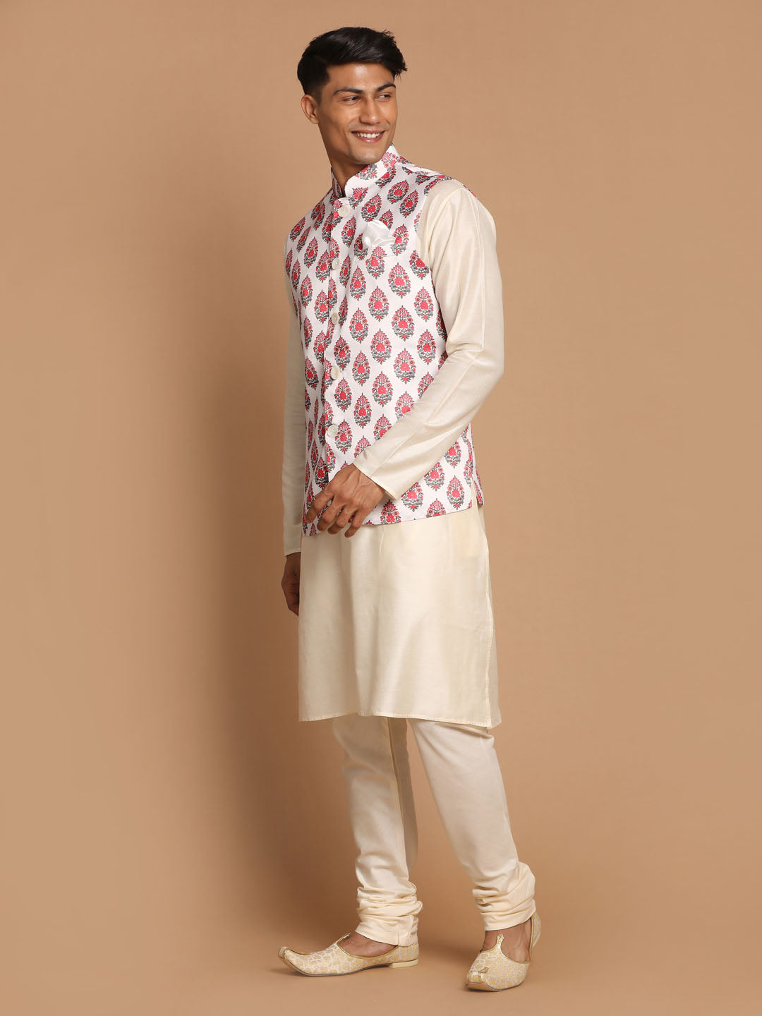 Men's Cream Viscose Straight Jacket  Kurta and Pyjama Set