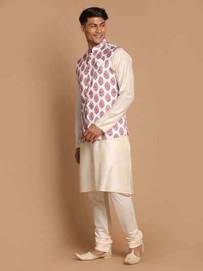 Men's Cream Viscose Straight Jacket  Kurta and Pyjama Set