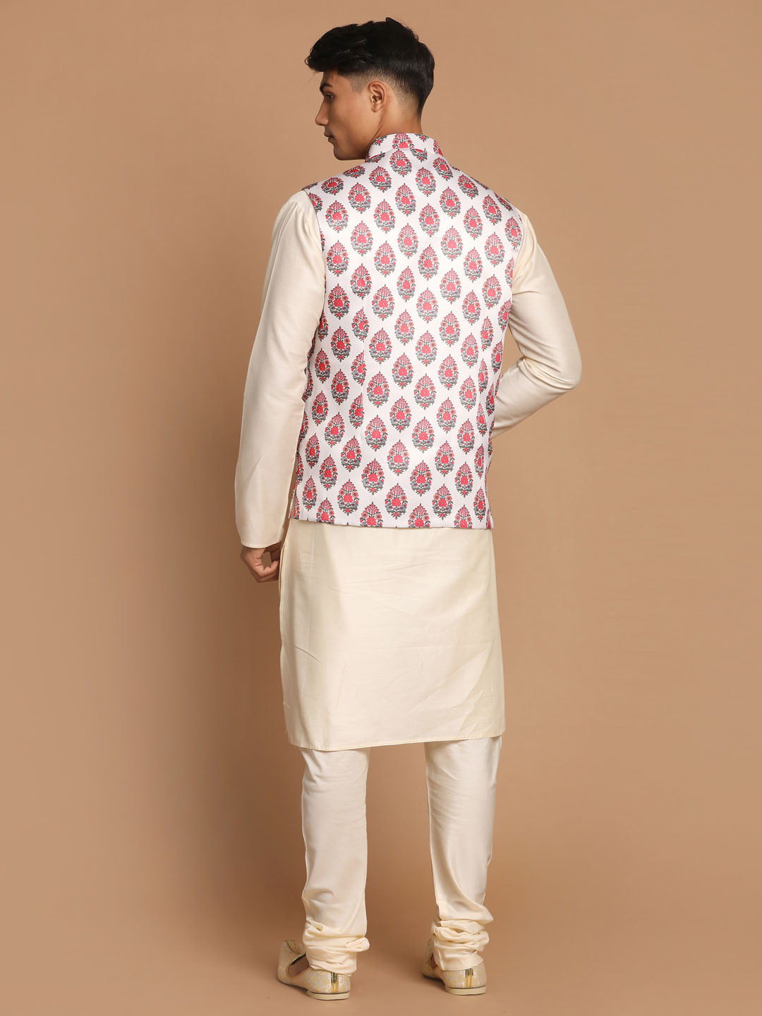 Men's Cream Viscose Straight Jacket  Kurta and Pyjama Set