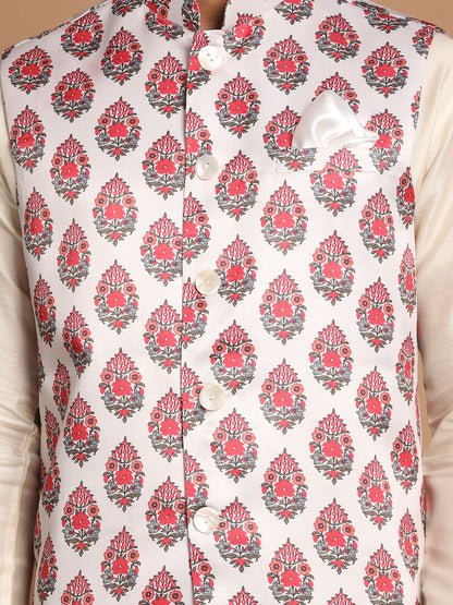 Men's Cream Viscose Straight Jacket  Kurta and Pyjama Set