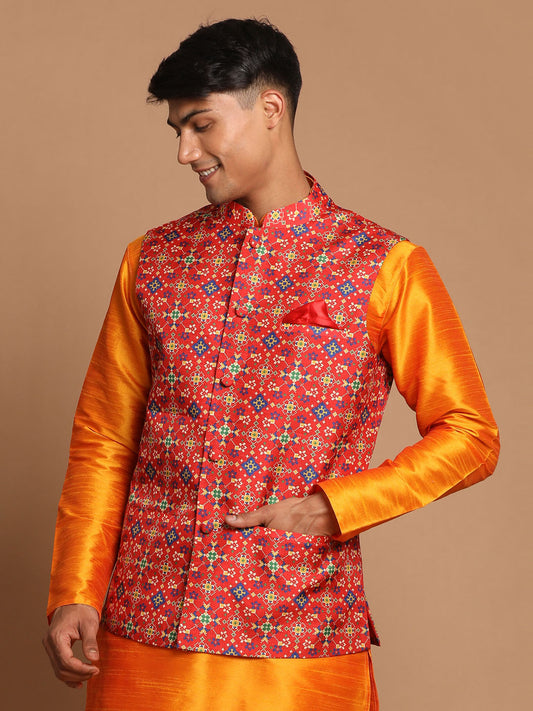 Men's Orange Silk Blend Straight Jacket  Kurta and Pyjama Set