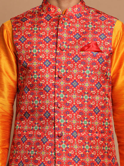 Men's Orange Silk Blend Straight Jacket  Kurta and Pyjama Set