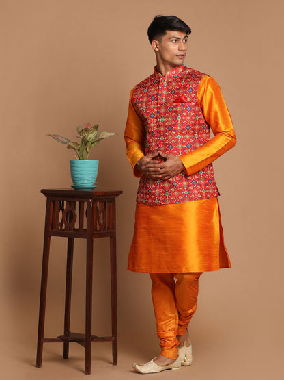 Men's Orange Silk Blend Straight Jacket  Kurta and Pyjama Set