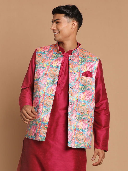 Men's Multicolroed Silk Blend Straight Nehru Jacket