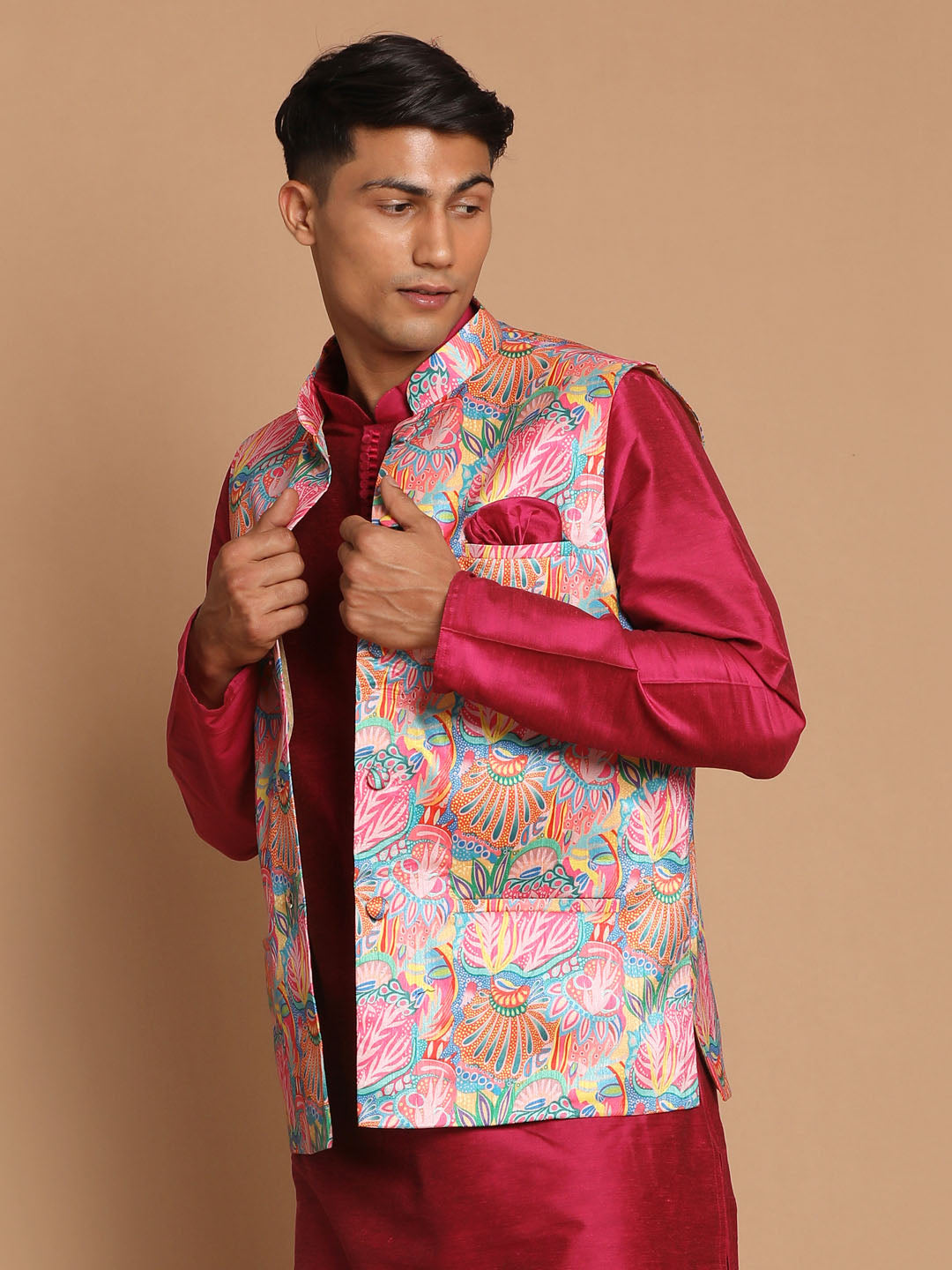 Men's Multicolroed Silk Blend Straight Nehru Jacket