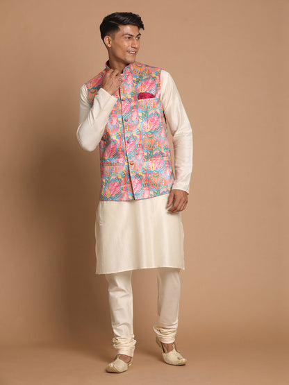 Men's Cream Viscose Straight Jacket  Kurta and Pyjama Set