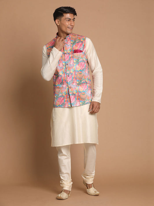 Men's Cream Viscose Straight Jacket  Kurta and Pyjama Set