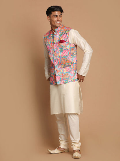 Men's Cream Viscose Straight Jacket  Kurta and Pyjama Set