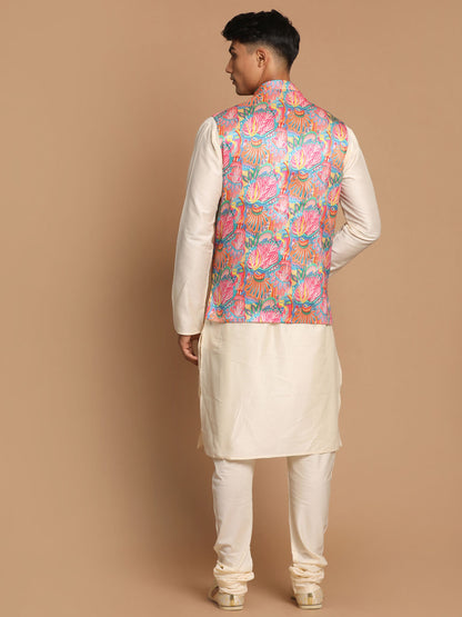 Men's Cream Viscose Straight Jacket  Kurta and Pyjama Set