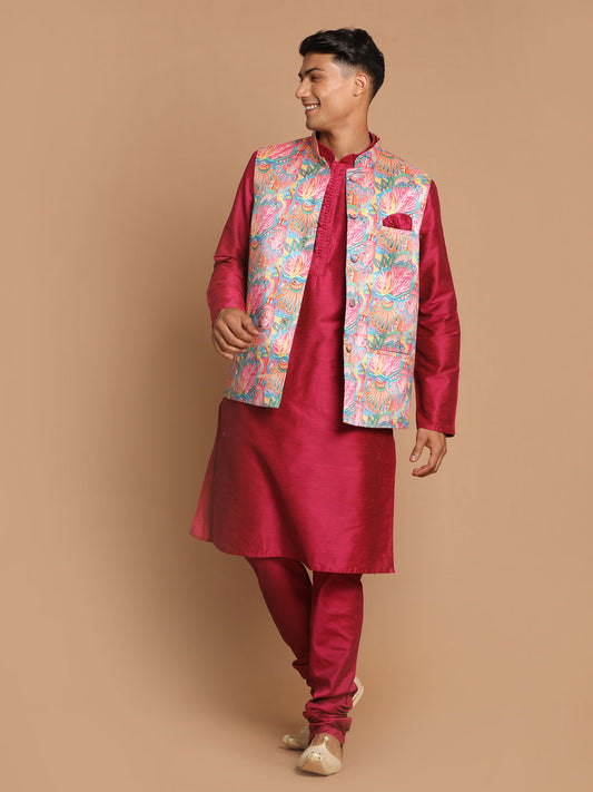 Men's Aqua Viscose Blend Straight Jacket  Kurta and Pyjama Set