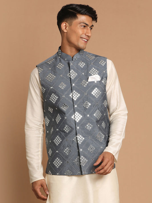 Men's Grey Silk Blend Straight Nehru Jacket