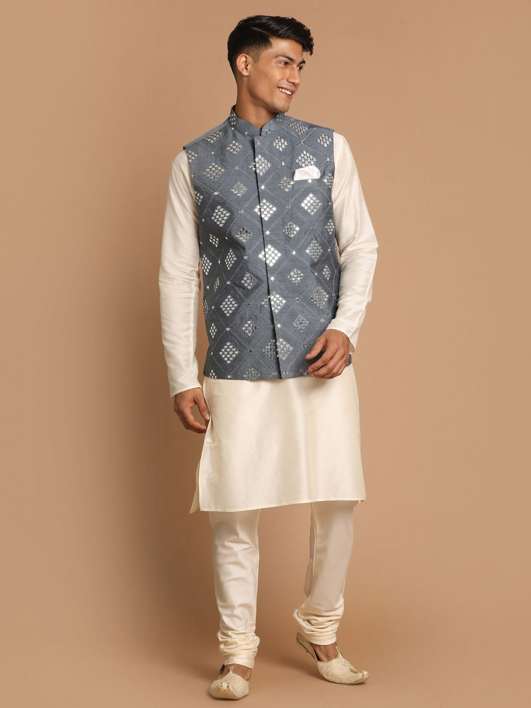 Men's Cream Viscose Straight Jacket  Kurta and Pyjama Set