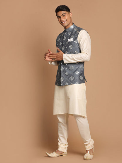 Men's Cream Viscose Straight Jacket  Kurta and Pyjama Set