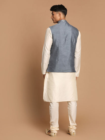 Men's Cream Viscose Straight Jacket  Kurta and Pyjama Set