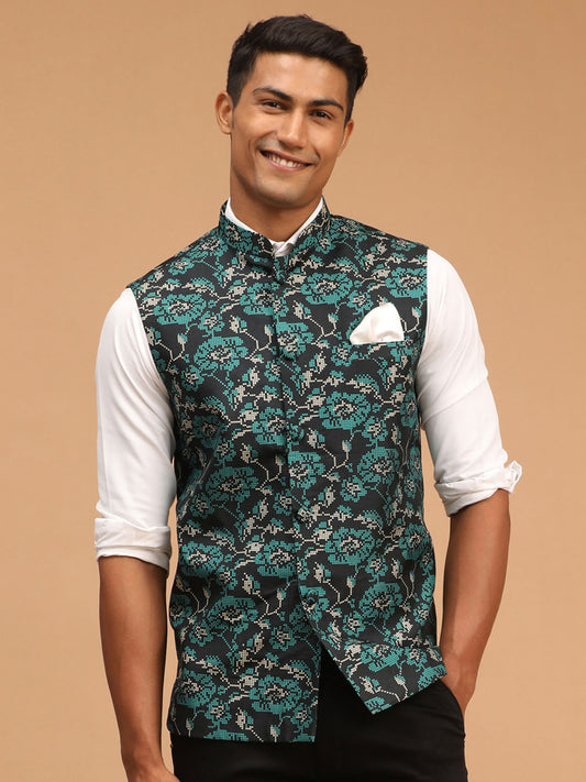 Men's Green Cotton Blend Straight Nehru Jacket