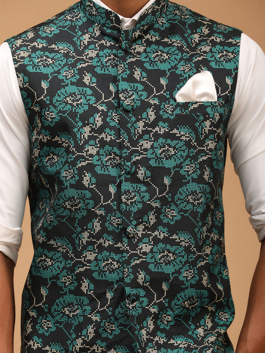 Men's Green Cotton Blend Straight Nehru Jacket