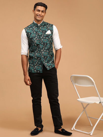Men's Green Cotton Blend Straight Nehru Jacket