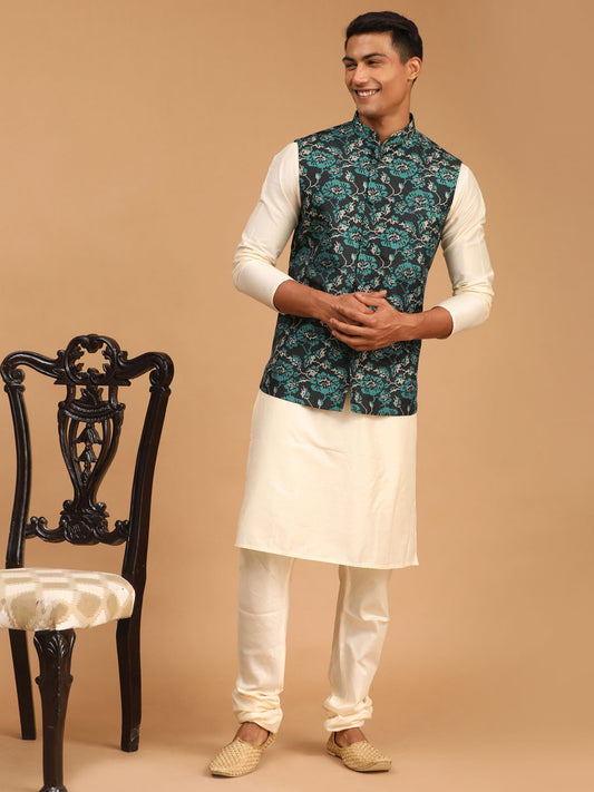 Men's Cream Viscose Straight Jacket  Kurta and Pyjama Set