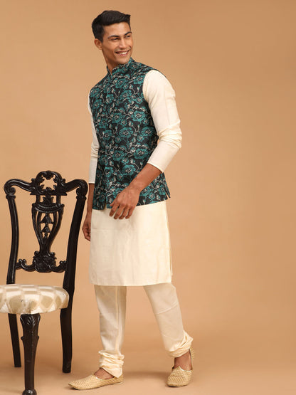 Men's Cream Viscose Straight Jacket  Kurta and Pyjama Set
