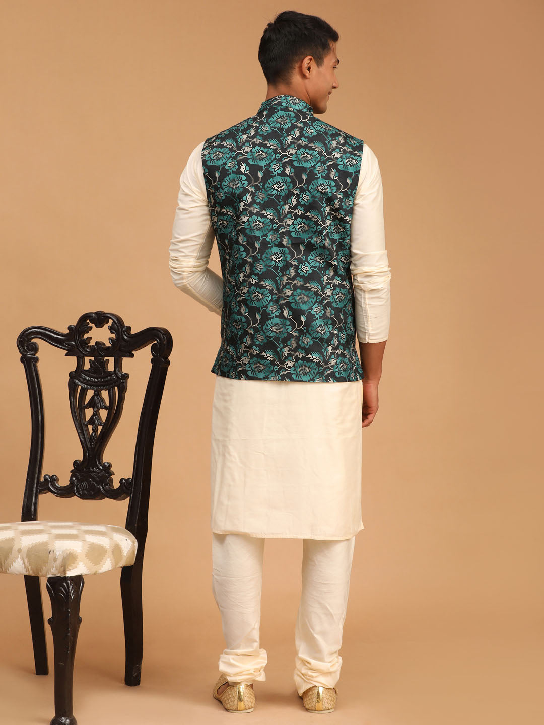 Men's Cream Viscose Straight Jacket  Kurta and Pyjama Set