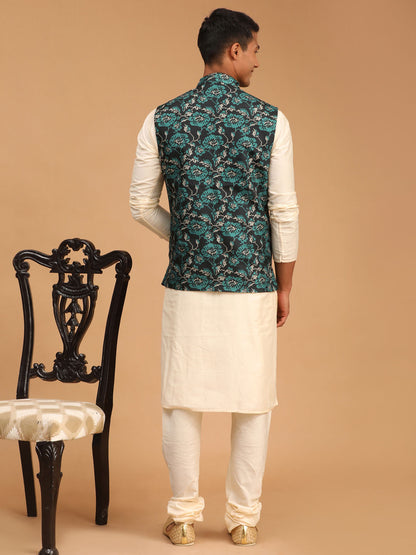 Men's Cream Viscose Straight Jacket  Kurta and Pyjama Set