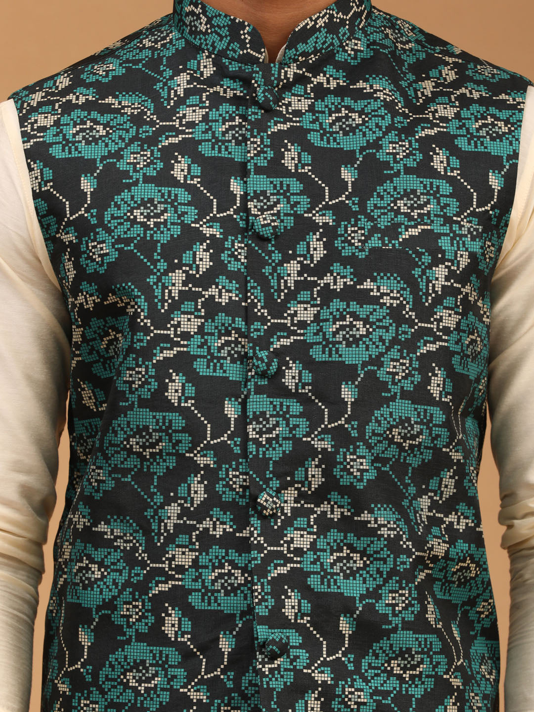 Men's Cream Viscose Straight Jacket  Kurta and Pyjama Set
