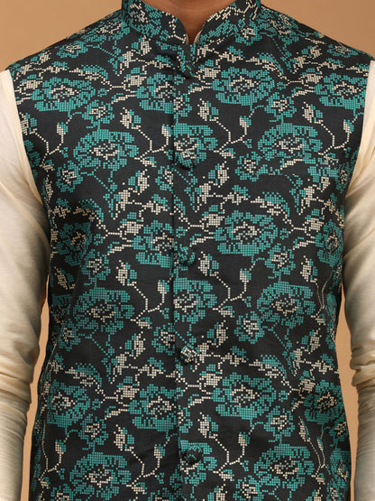 Men's Cream Viscose Straight Jacket  Kurta and Pyjama Set