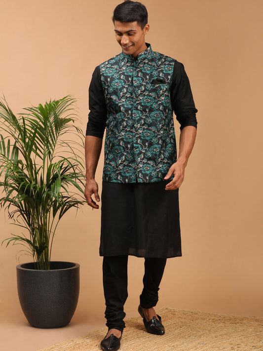 Men's Black Viscose Straight Jacket  Kurta and Pyjama Set