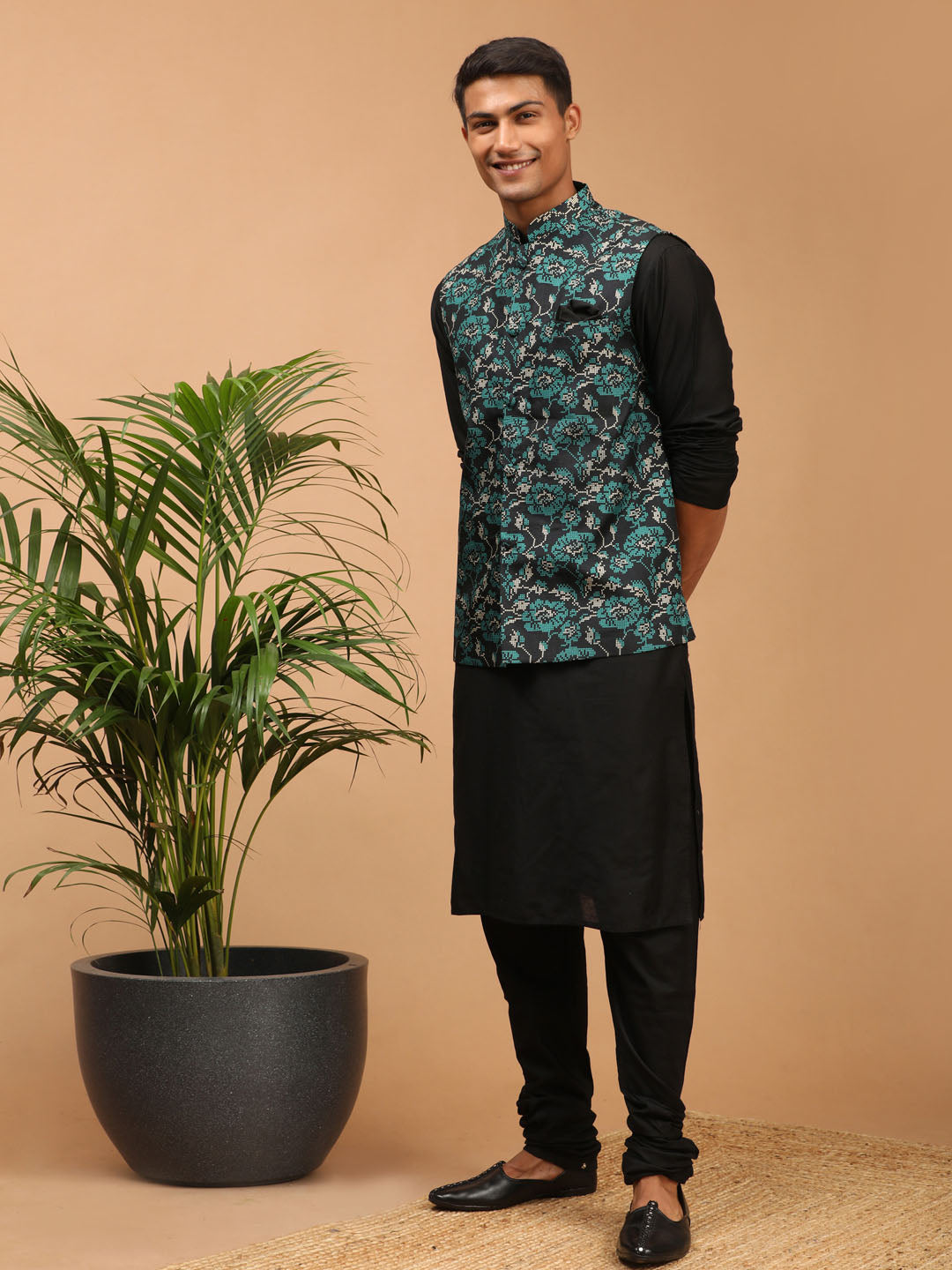 Men's Black Viscose Straight Jacket  Kurta and Pyjama Set