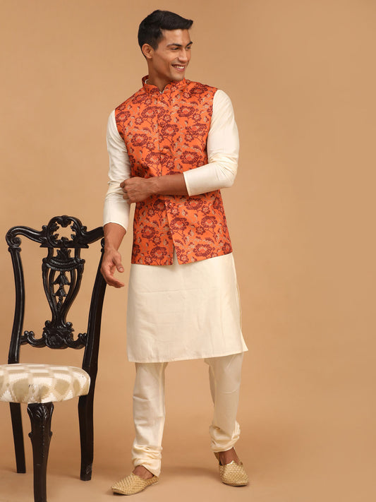 Men's Cream Viscose Straight Jacket  Kurta and Pyjama Set