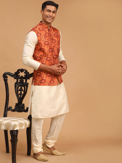 Men's Cream Viscose Straight Jacket  Kurta and Pyjama Set