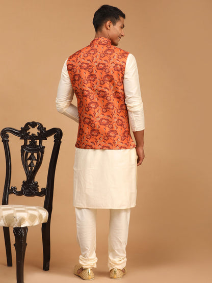 Men's Cream Viscose Straight Jacket  Kurta and Pyjama Set