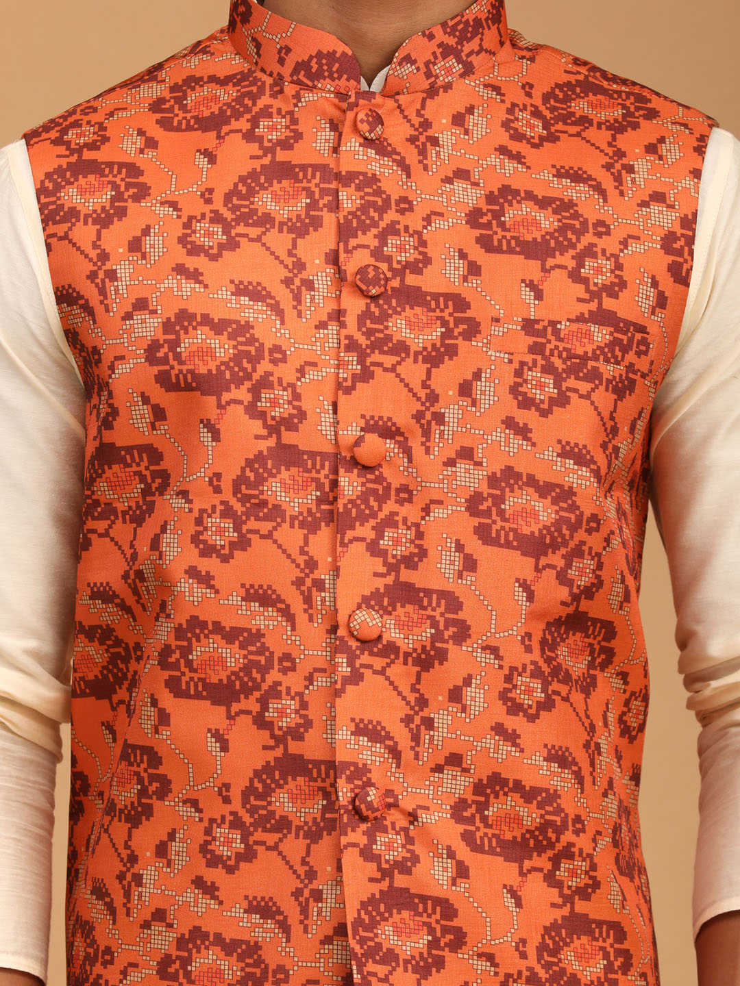 Men's Cream Viscose Straight Jacket  Kurta and Pyjama Set