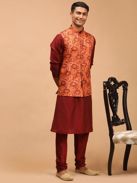 Men's Maroon Viscose Straight Jacket  Kurta and Pyjama Set