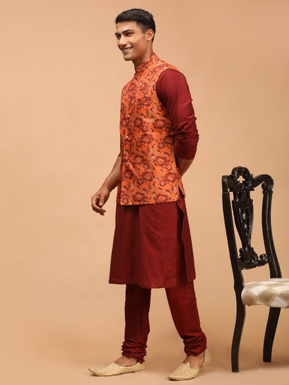 Men's Maroon Viscose Straight Jacket  Kurta and Pyjama Set