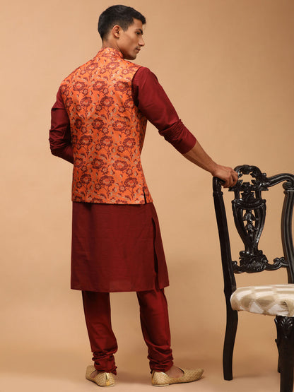 Men's Maroon Viscose Straight Jacket  Kurta and Pyjama Set