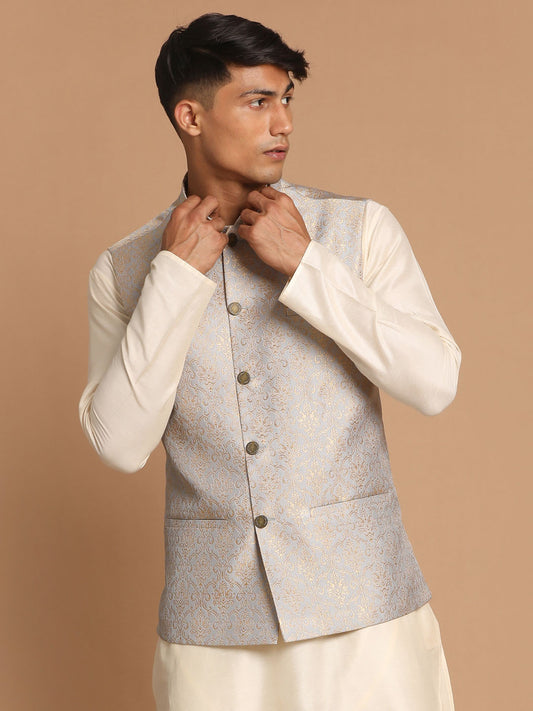 Men's Grey Silk Blend Straight Nehru Jacket