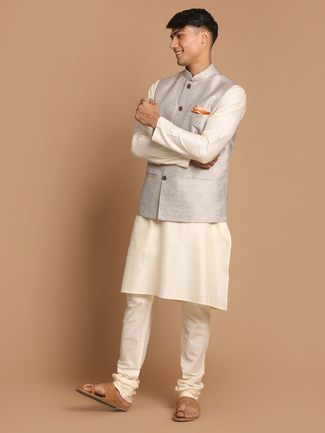 Men's Cream Viscose Straight Jacket  Kurta and Pyjama Set