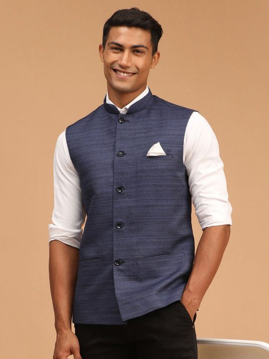 Men's Blue Silk Blend Straight Nehru Jacket