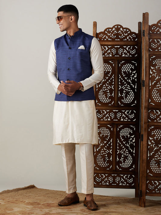 Men's Cream Viscose Straight Jacket  Kurta and Pyjama Set
