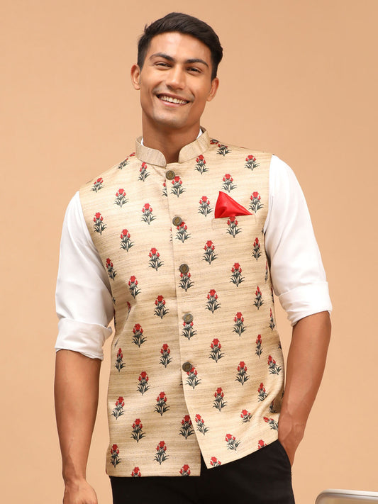 Men's Beige Silk Blend Straight Nehru Jacket