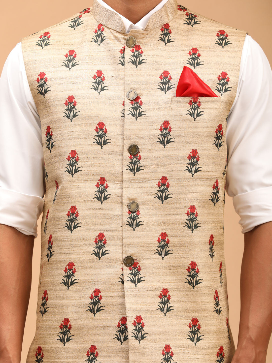 Men's Beige Silk Blend Straight Nehru Jacket