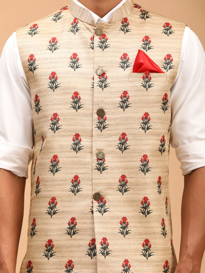 Men's Beige Silk Blend Straight Nehru Jacket