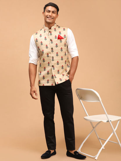 Men's Beige Silk Blend Straight Nehru Jacket